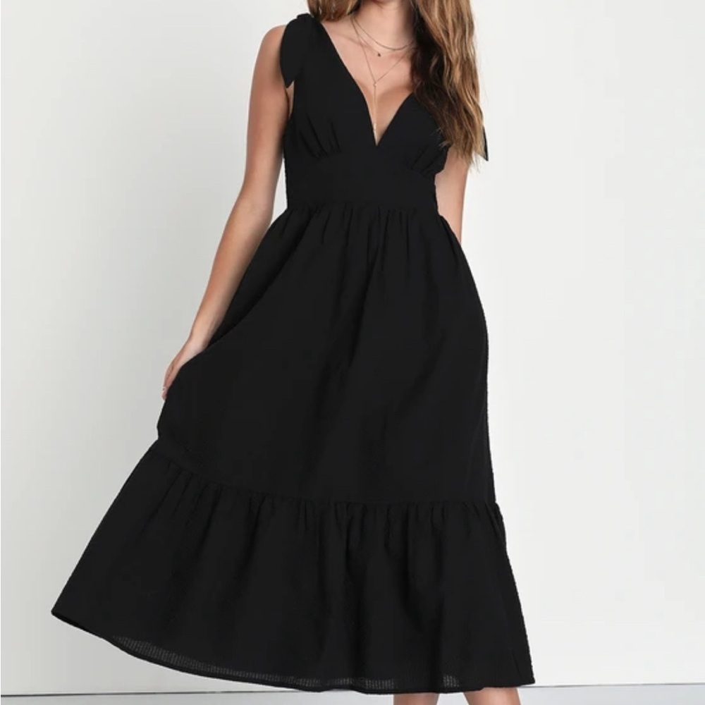 Cinque Terre Charm Black Smocked Tie-Strap Midi Dress